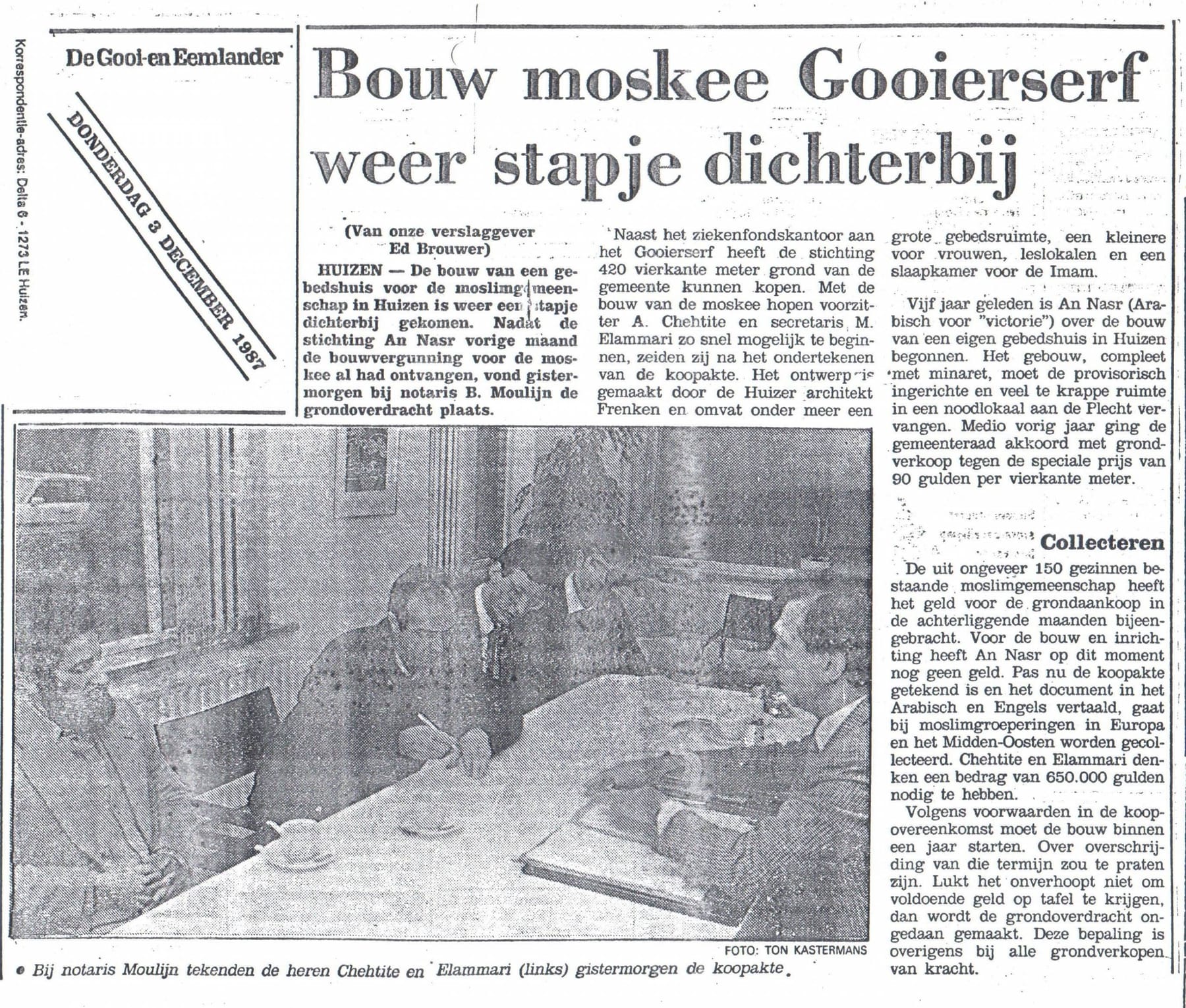 Gescand krantenartikel met de kop 'Bouw moskee Gooierserf weer stapje dichterbij'